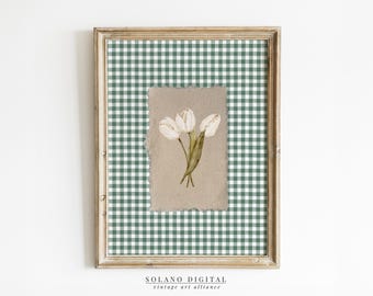 Green Gingham White Flower Print Digital Downloadable Wall Art Trendy Decor Vintage Floral Painting Printable Nursery Art White Tulips Art