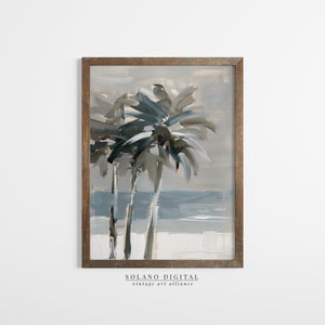 Printable wall art featuring abstract brushstrokes of palm trees with an ocean backdrop, available for digital download on Etsy. Ideal for adding a serene coastal vibe to any room, perfect for beach lovers and modern art enthusiasts.