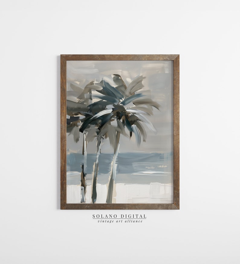 Printable wall art featuring abstract brushstrokes of palm trees with an ocean backdrop, available for digital download on Etsy. Ideal for adding a serene coastal vibe to any room, perfect for beach lovers and modern art enthusiasts.