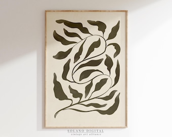 Olive Green Botanical Print: Abstract Leaf Art, Boho Decor (Digital Download)