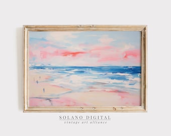 Vintage Beach Painting: Abstract Pink & Blue Seascape (Downloadable)