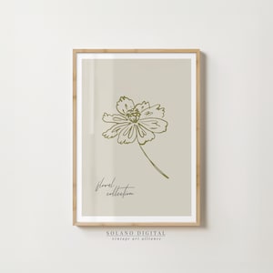 Single Line Flower Wall Art – Minimalist Floral Printable Poster – Modern Botanical Drawing – Beige Digital Art Download