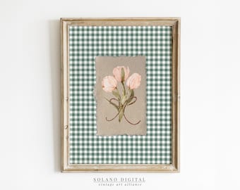 Green Gingham Pink Flower Print Digital Downloadable Wall Art Trendy Decor Vintage Floral Painting Printable Nursery Art Pink Tulips Spring