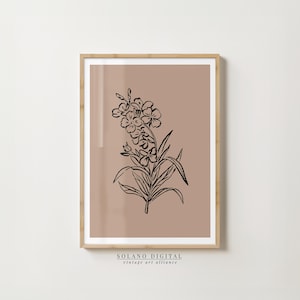 Minimalist Botanical Print – Black Floral Line Drawing on Brown Background – Printable Art Digital Download for Modern Decor