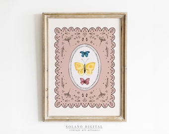 Vintage Butterfly Print, Floral Frame, English Garden (Digital Download)