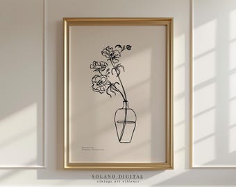 Minimalist Line Art Flower Vase Print: Black and White Botanical Poster (Digital Download)