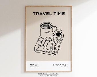 Paris Breakfast Line Art Print: French Cafe Coffee & Croissant (Digital Download)