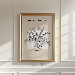 Botanical Flower Line Art Print, Modern Vase Wall Art Printable, Minimalist Black Beige Floral Drawing Digital Download for Home Decor