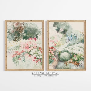 Garden 2 Pieces Wall Art Vintage Floral Landscape Set of 2 Split Print Watercolor Neutral Summer Painting Digital Download Wildflower Prints