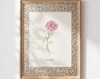 January Birth Flower Print, Carnation Printable Wall Art, Vintage Botanical Nursery Decor, Cottagecore Digital Download