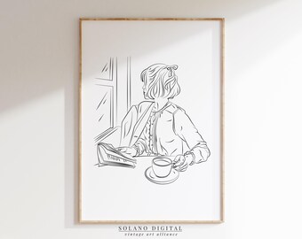 Woman Reading Line Art Print: Minimalist Coffee Lover Decor (Digital Download