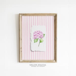 Striped Floral Art Prints Pink Hydrangea Art Vertical Line Art Coastal Floral Wall Art, Coastal Granddaughter Prints Digital Download