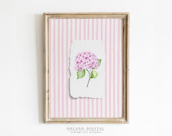 Pink Hydrangea Art Print: Striped Floral Coastal Decor (Digital Download)