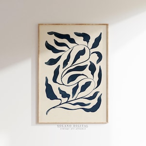 Navy Blue Botanical Blue Leaf Printable Wall Art, Modern Abstract Decor, Navy Blue Digital Download, Boho Aesthetic