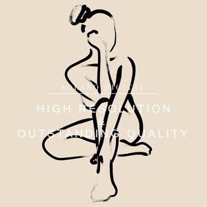 Elegant female figure line sketch with textured strokes; instant digital download available on Etsy; ideal for apartment décor.