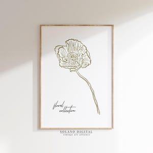 Minimalist Botanical Line Drawing – Poppy Flower Wall Art – Floral Printable Art – Vintage Line Art Poster – Digital Download Botanical Art