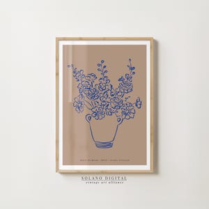 Blue Line Art Floral Printable, Modern Vase Botanical Wall Art, Minimalist Digital Download, Contemporary Gallery Flower Poster