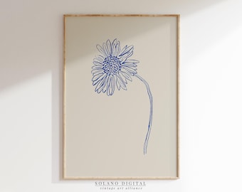 Blue Daisy Line Art Print: Minimalist Botanical Wall Decor (Digital Download)