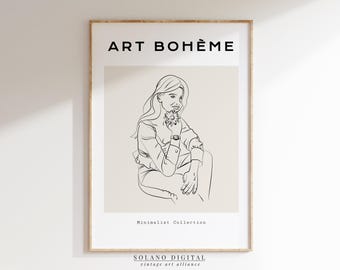 Boho Woman Line Art Print: Minimalist Feminine Drawing (Digital Download)