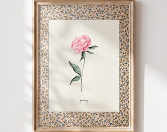 November Birth Flower Print, Peony Printable Wall Art, Vintage Botanical Nursery Decor, Cottagecore Digital Download