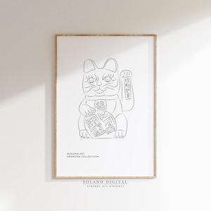 Lucky Cat Line Art Print, Minimalist Maneki Neko Printable Wall Art, Japanese Fortune Cat Decor, Digital Zen Poster, Instant Download