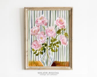 Pink Peony Watercolor Print: Striped Vase, Grandmillennial Decor (Digital Download)