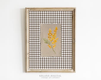 Mimosa Flower Print: Brown Gingham Vintage Wall Art (Digital Download)
