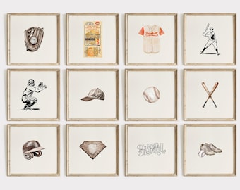 Set of 12 Baseball Prints, Vintage Nursery Set, Boys Room Wall Art, Neutral Sports Gallery, Printable Digital Download