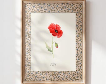 August Birth Flower Print, Poppy Printable Wall Art, Vintage Botanical Nursery Decor, Cottagecore Digital Download