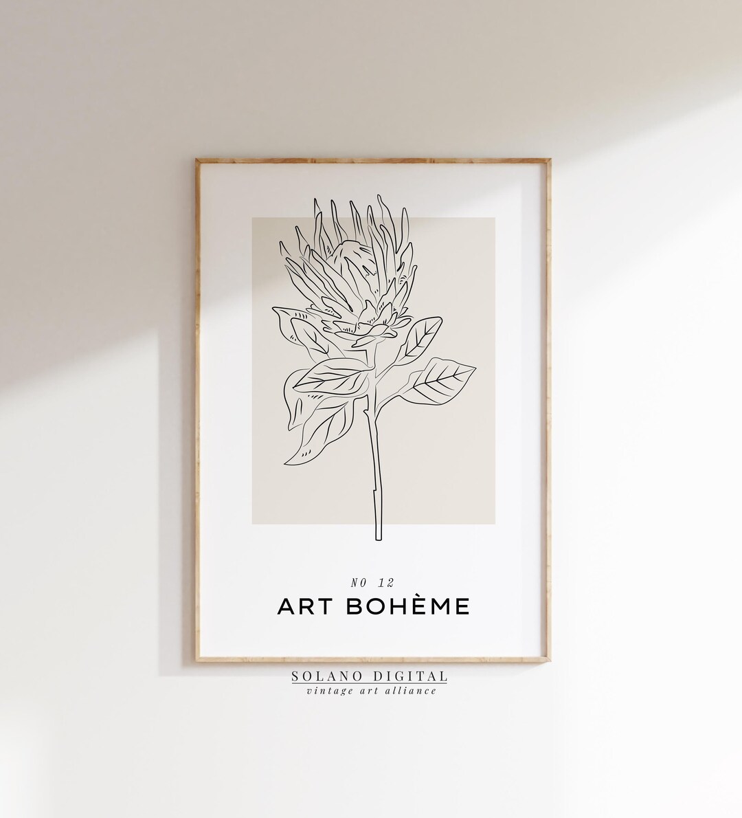 Boho Protea Flower Line Art Print: Black & Beige Botanical Illustration ...