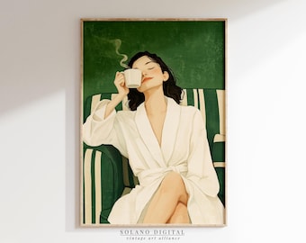 Emerald Green Woman Coffee Art Print: Minimalist Abstract (Digital Download)