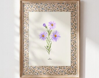 September Birth Flower Print, Aster Printable Wall Art, Vintage Botanical Nursery Decor, Cottagecore Digital Download