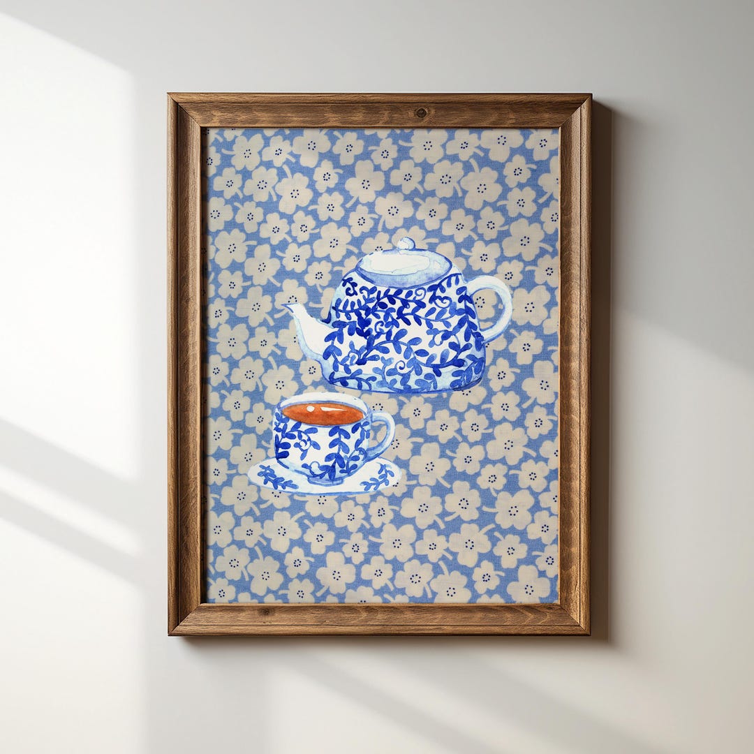 Blue Tea Poster Blue Teapot Printable Wall Art, Watercolor Chinoiserie Tea Set, Blue ...