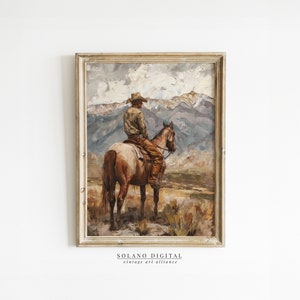 Western Cowboy Painting Vintage Wall Art Mid Century Decor Antique Oil Painting Moody Print Earth Tone PRINTABLE Digital Downloadable Art