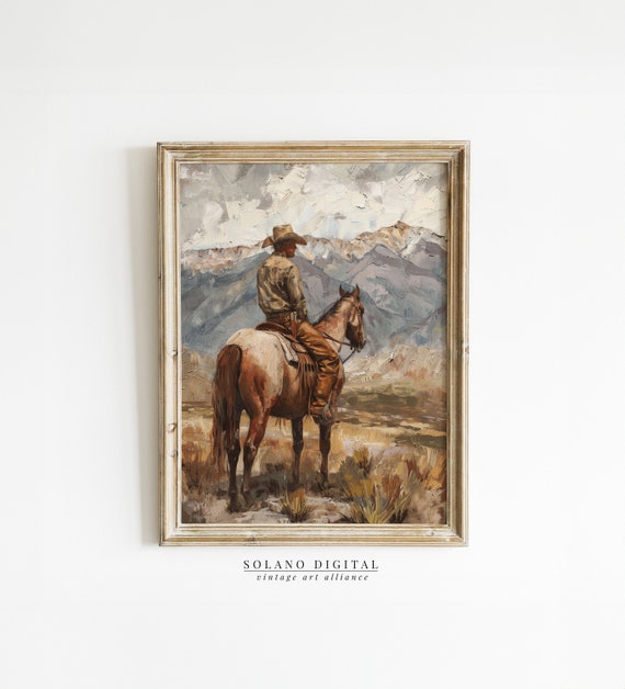 Vintage Cowboy Painting: Western Wall Art, Moody Landscape (Digital Download)