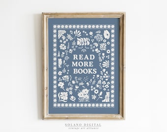 Read More Books Print, Antique Library Decor, Bookish Printable Wall Art, Reading Nook Poster, Book Lover Digital Download, Cottagecore