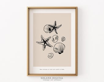 Minimalist Seashell Starfish Line Art Print: Coastal Boho Decor (Digital Download)