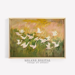 Charming painting of white geese in a vibrant meadow, perfect for nursery or cottagecore decor. Available as a printable digital download on Etsy, this abstract vintage artwork adds a whimsical touch to any farmhouse or vintage-themed space.