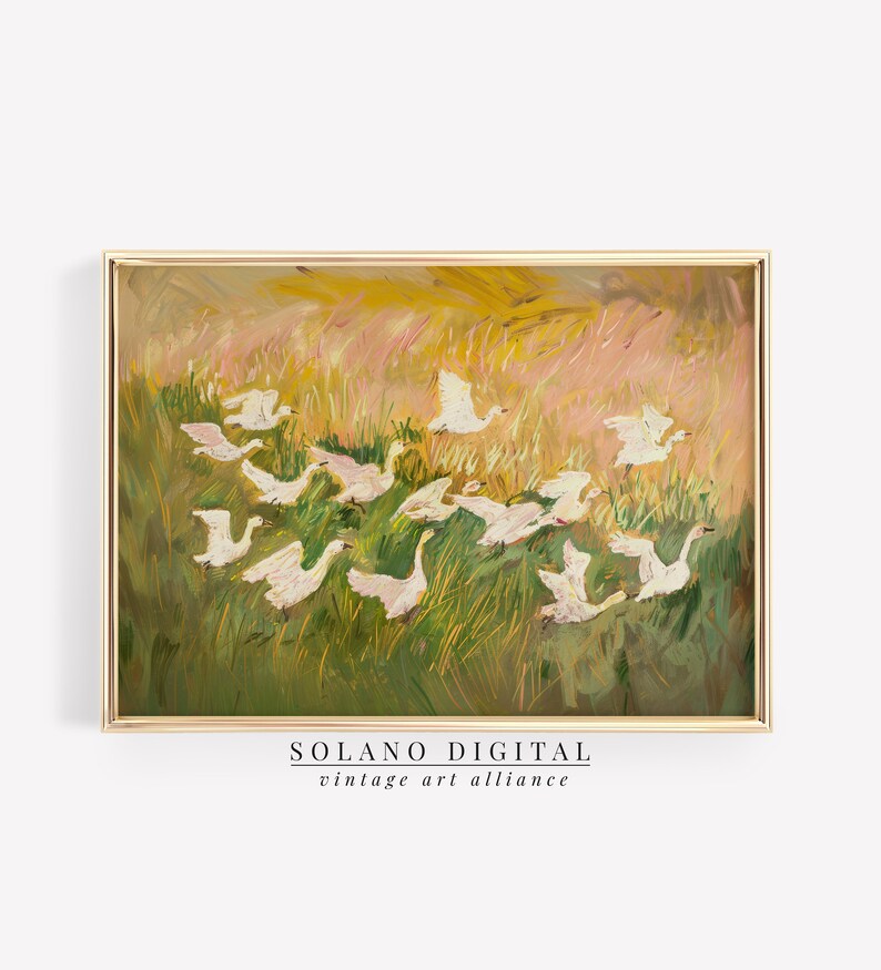 Charming painting of white geese in a vibrant meadow, perfect for nursery or cottagecore decor. Available as a printable digital download on Etsy, this abstract vintage artwork adds a whimsical touch to any farmhouse or vintage-themed space.