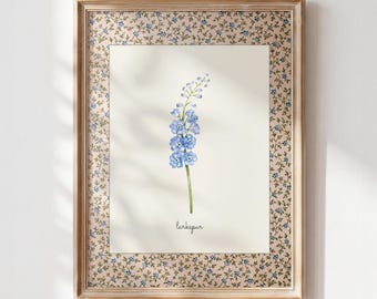 July Birth Flower Print, Larkspur Printable Wall Art, Vintage Botanical Nursery Decor, Cottagecore Digital Download
