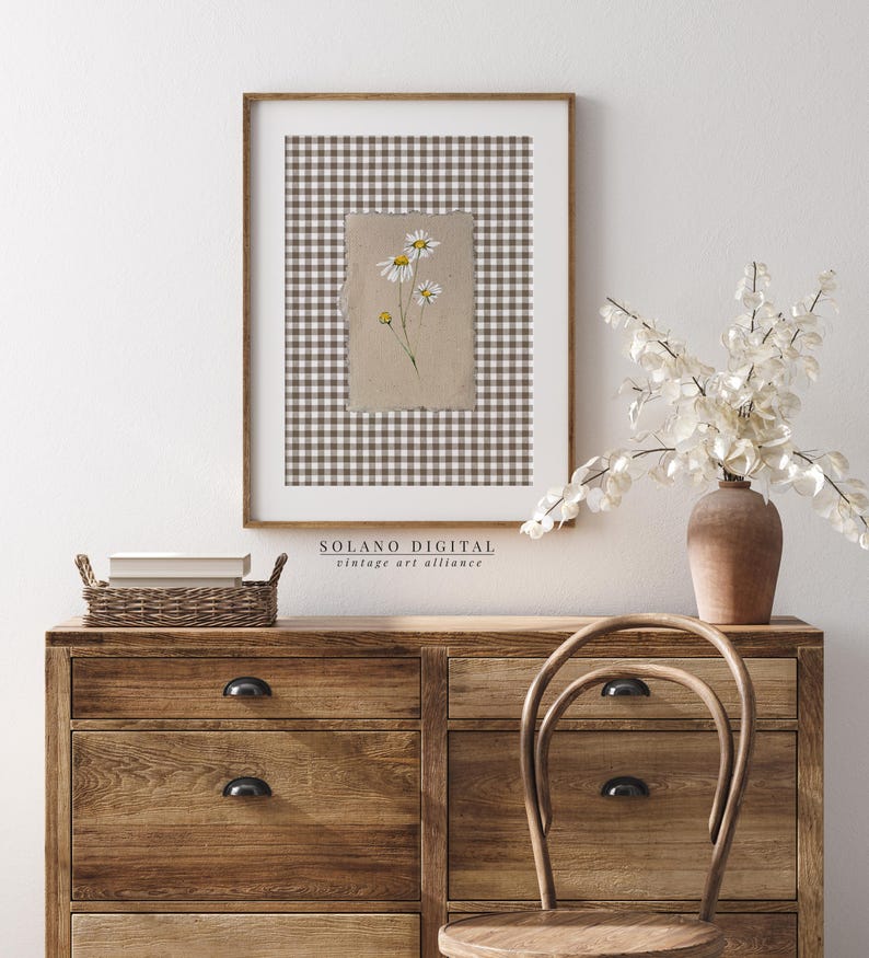 Cottagecore daisy wall print with canvas effect and gingham style. Digital printable art available on Etsy.
