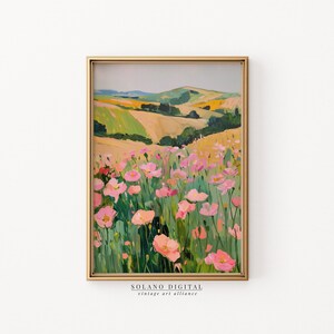 Vibrant floral landscape wall art printable featuring blooming pink flowers against rolling green hills. Perfect for adding a touch of nature and color to any space. Available on Etsy for easy download and print.