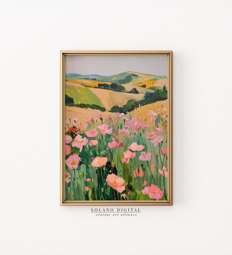 Vibrant floral landscape wall art printable featuring blooming pink flowers against rolling green hills. Perfect for adding a touch of nature and color to any space. Available on Etsy for easy download and print.
