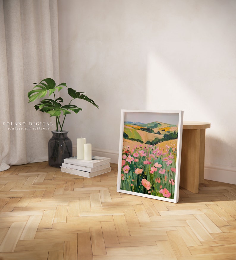 Vibrant floral landscape wall art printable featuring blooming pink flowers against rolling green hills. Perfect for adding a touch of nature and color to any space. Available on Etsy for easy download and print.