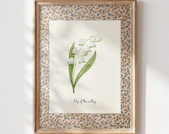 May Birth Flower Print, Lily of the Valley Printable Wall Art, Vintage Botanical Nursery Decor, Cottagecore Digital Download