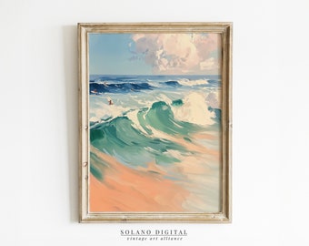 Könnte beinhalten: Ein gerahmtes Gemälde, das eine Meereslandschaft mit großen Wellen zeigt, die an einem Sandstrand brechen. Der Himmel ist blau mit einer großen weißen Wolke. Das Wasser ist in einem leuchtenden Türkis und Grün.