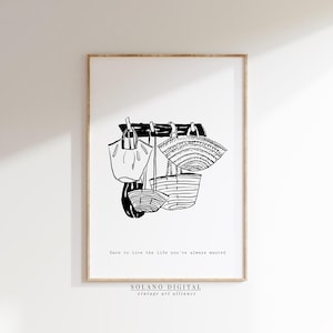 Boho Market Bag Line Art Printable, French Coastal Wall Art, Minimalist Summer Decor, Black White Beach Tote Illustration Digital Download