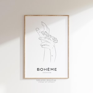 Boho Hands with Flowers Line Art Print, Minimalist Feminine Wall Poster, Black White Boheme Style Printable Art, Digital Download