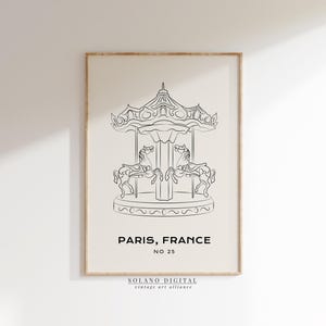 Paris Carousel Printable Wall Art, Vintage Travel Poster Paris France, Line Art Digital Download, French Decor for Kids Room or Nursery