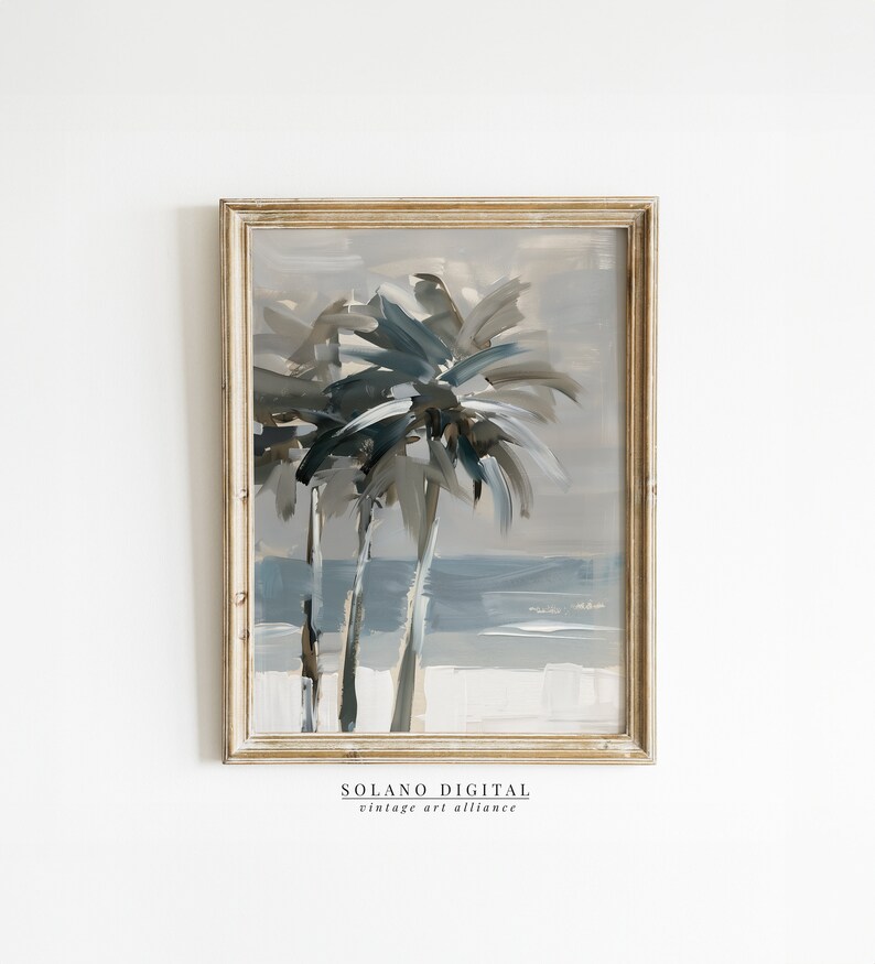 Printable wall art featuring abstract brushstrokes of palm trees with an ocean backdrop, available for digital download on Etsy. Ideal for adding a serene coastal vibe to any room, perfect for beach lovers and modern art enthusiasts.